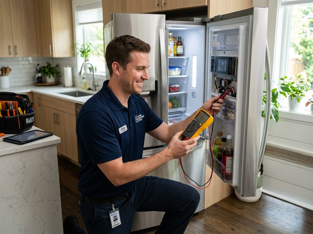 Professional appliance technician with multimeter inspecting refrigerator
